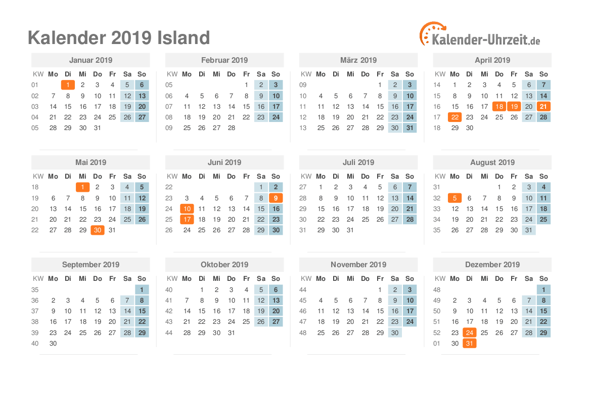 Kalender 2019 Island mit Feiertagen