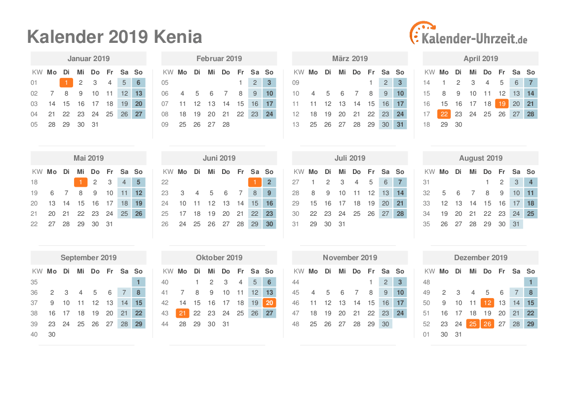 Kalender 2019 Kenia mit Feiertagen
