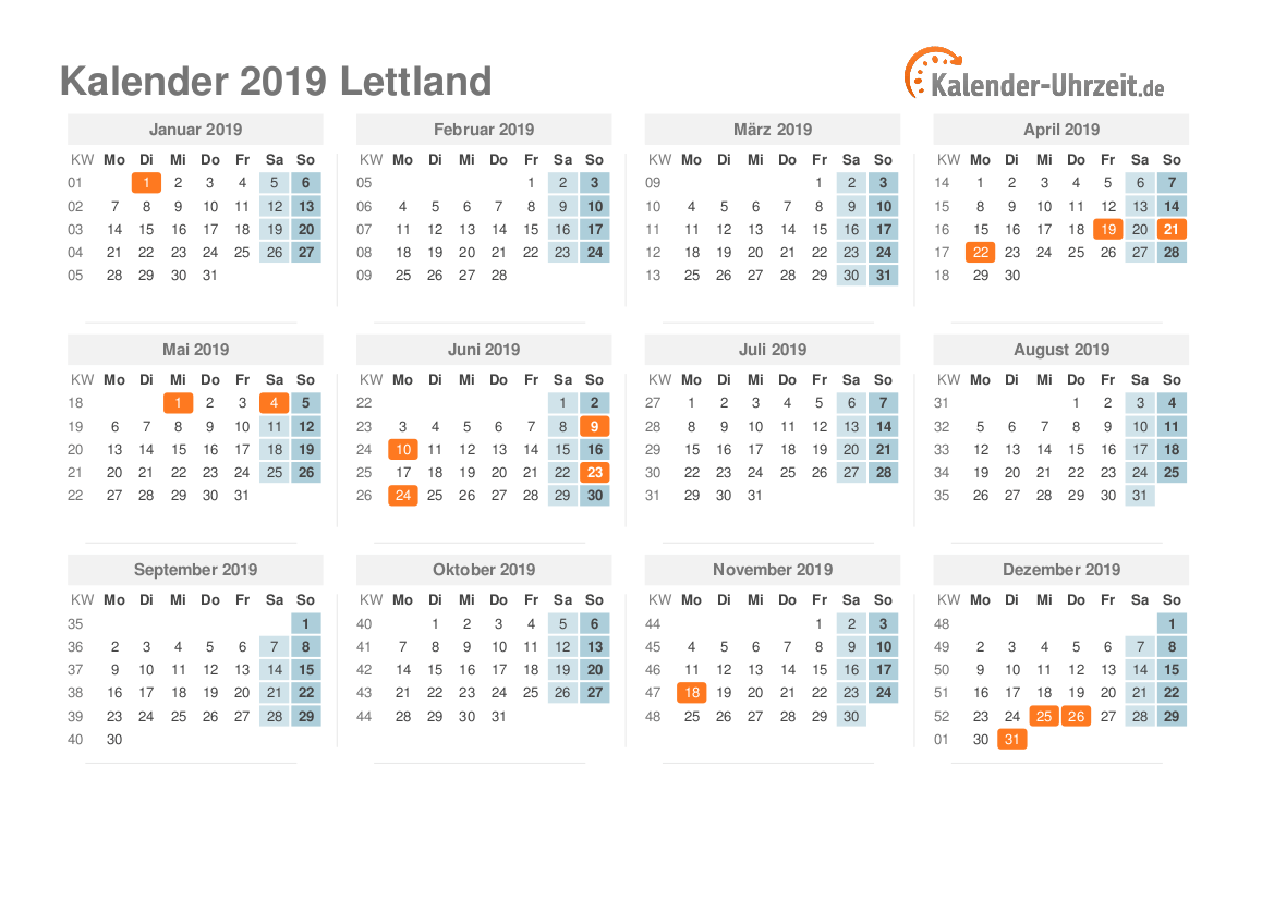 Kalender 2019 Lettland mit Feiertagen