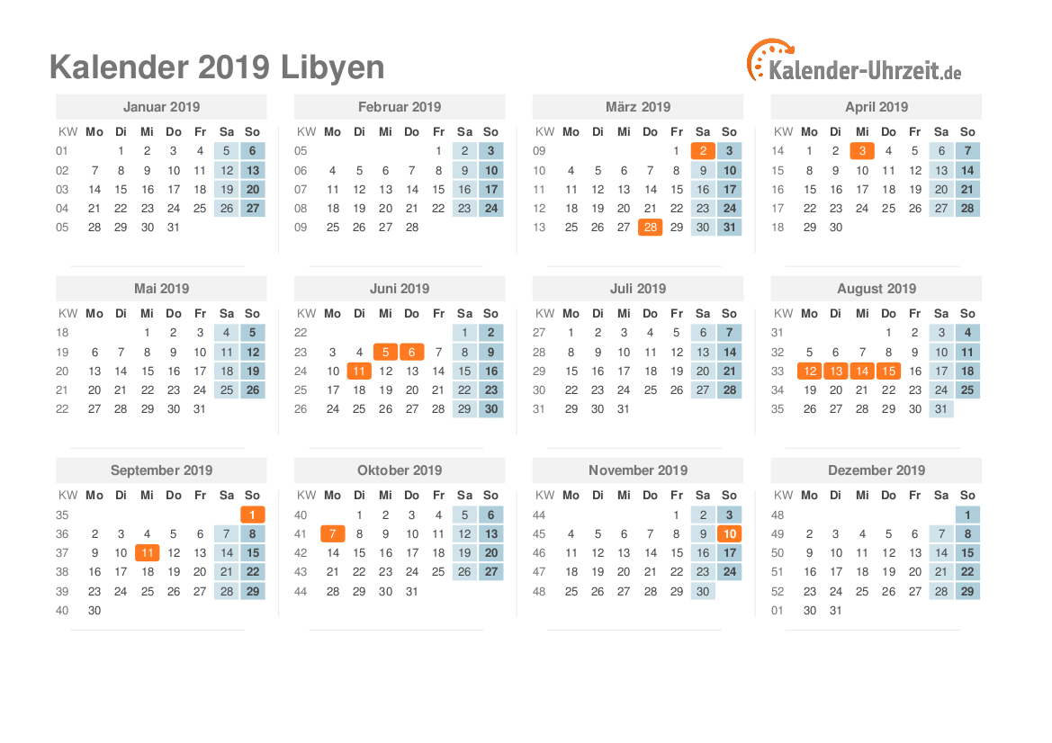 Kalender 2019 Libyen mit Feiertagen