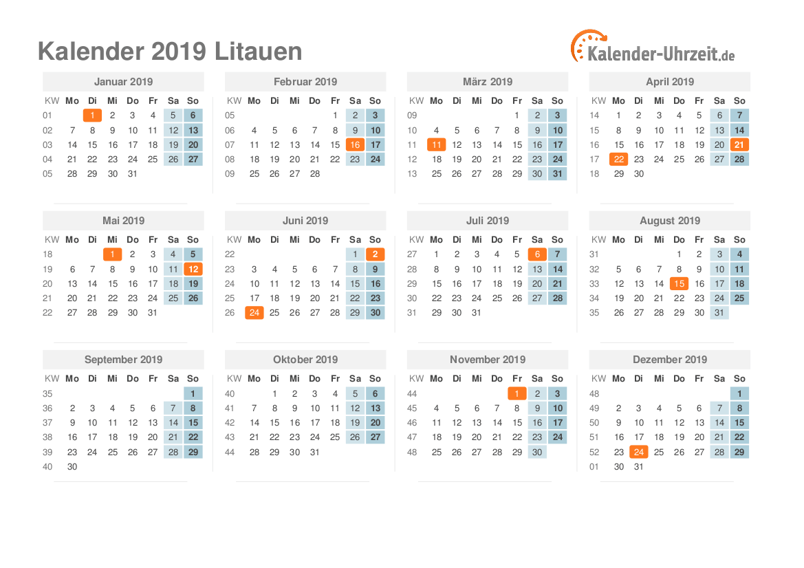 Kalender 2019 Litauen mit Feiertagen