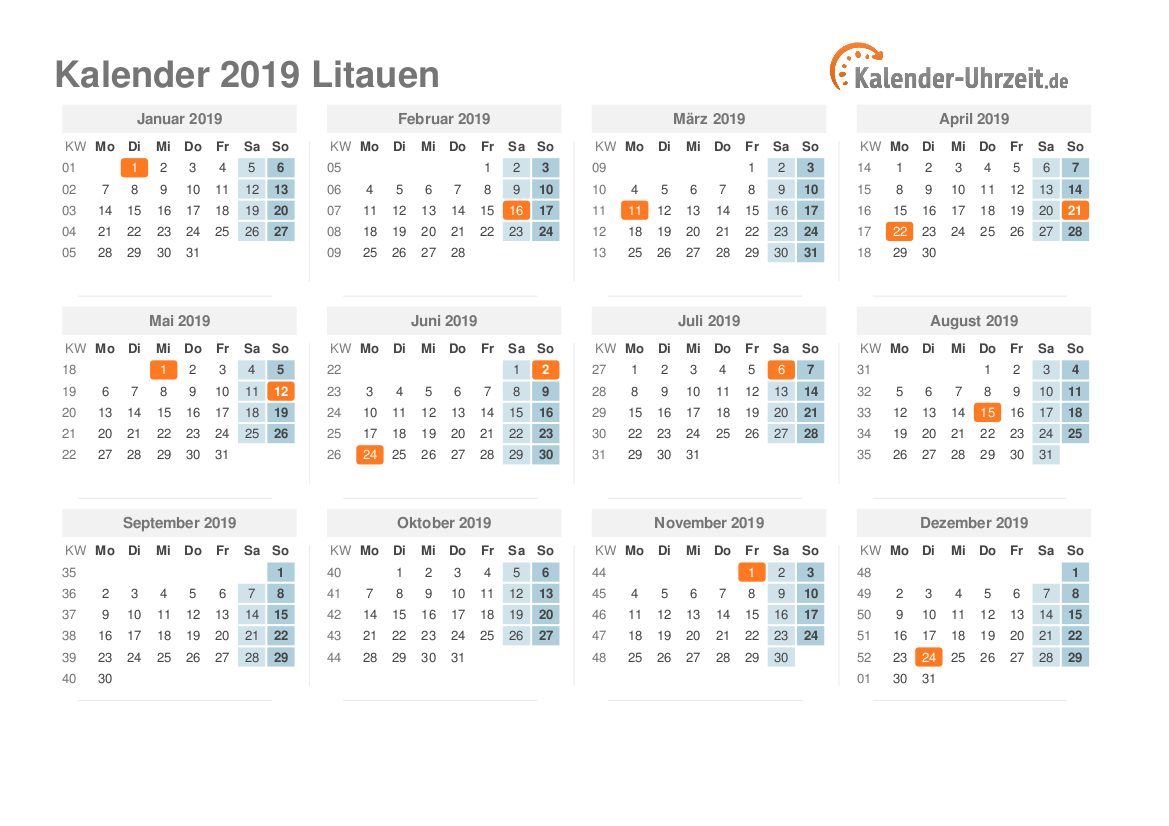 Kalender 2019 Litauen mit Feiertagen zum Ausdrucken Kalender 2019 Litauen mit Feiertagen