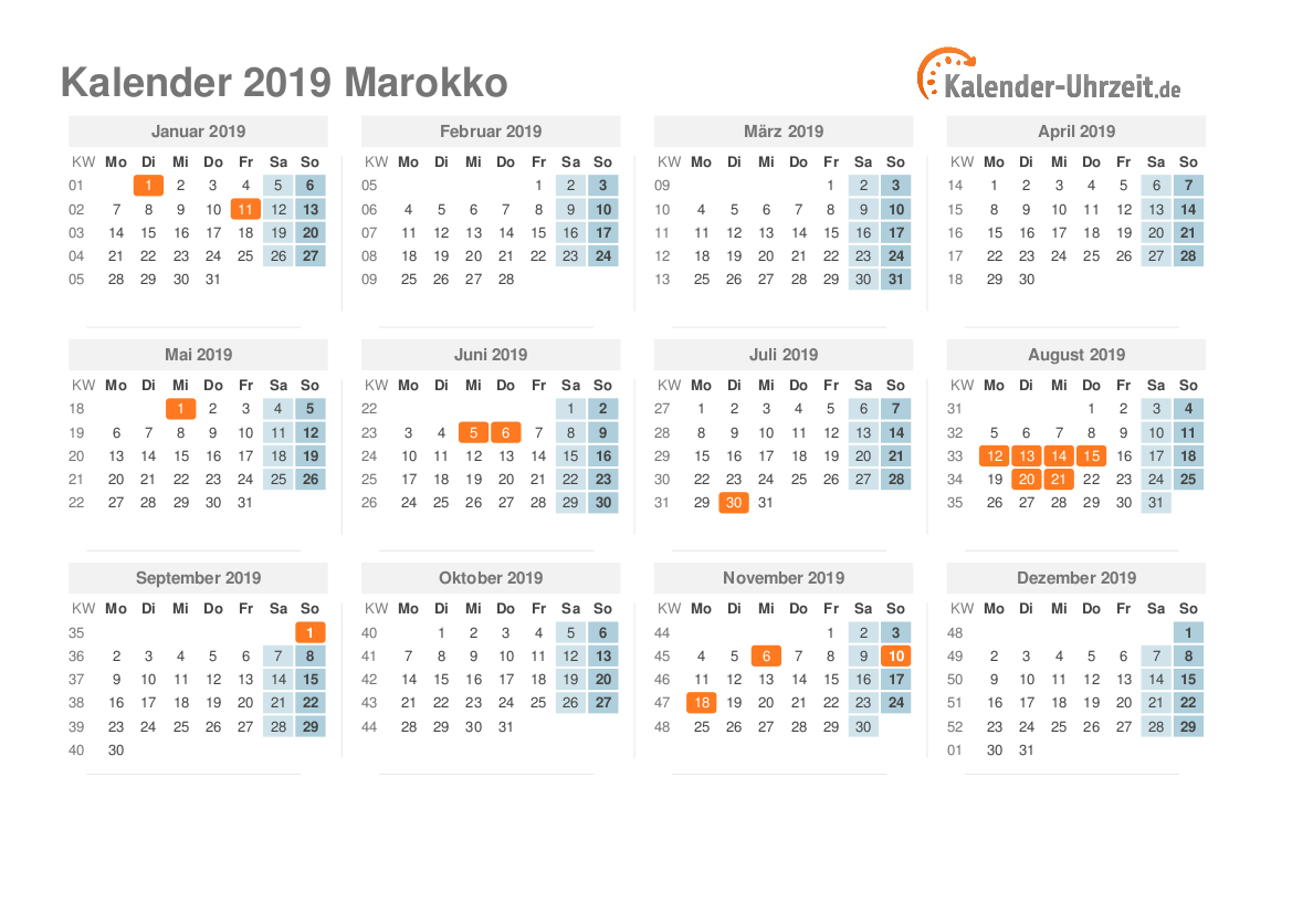 Kalender 2019 Marokko mit Feiertagen