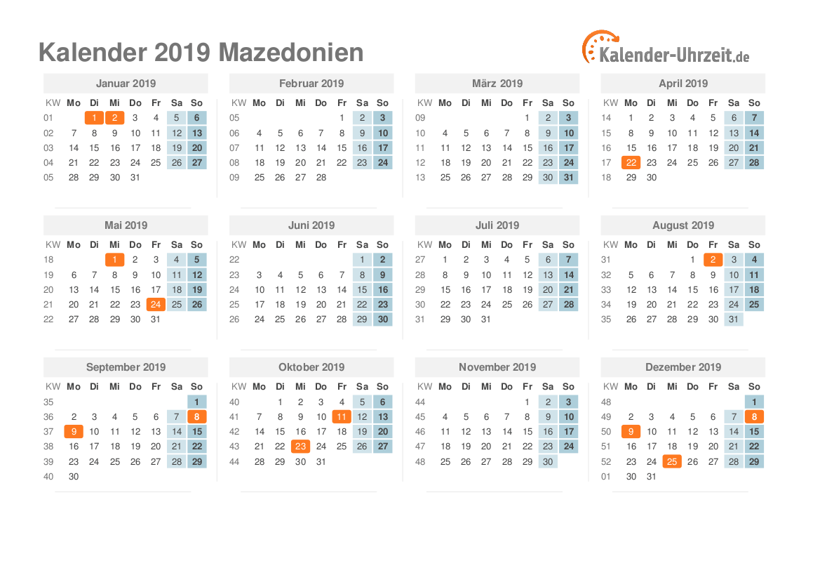 Kalender 2019 Mazedonien mit Feiertagen
