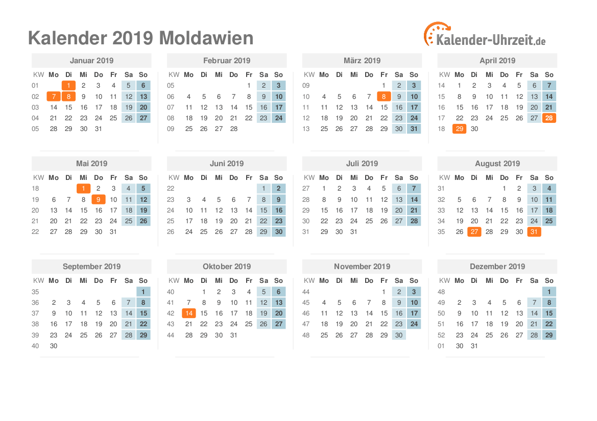 Kalender 2019 Moldawien mit Feiertagen zum Ausdrucken Kalender 2019 Moldawien mit Feiertagen
