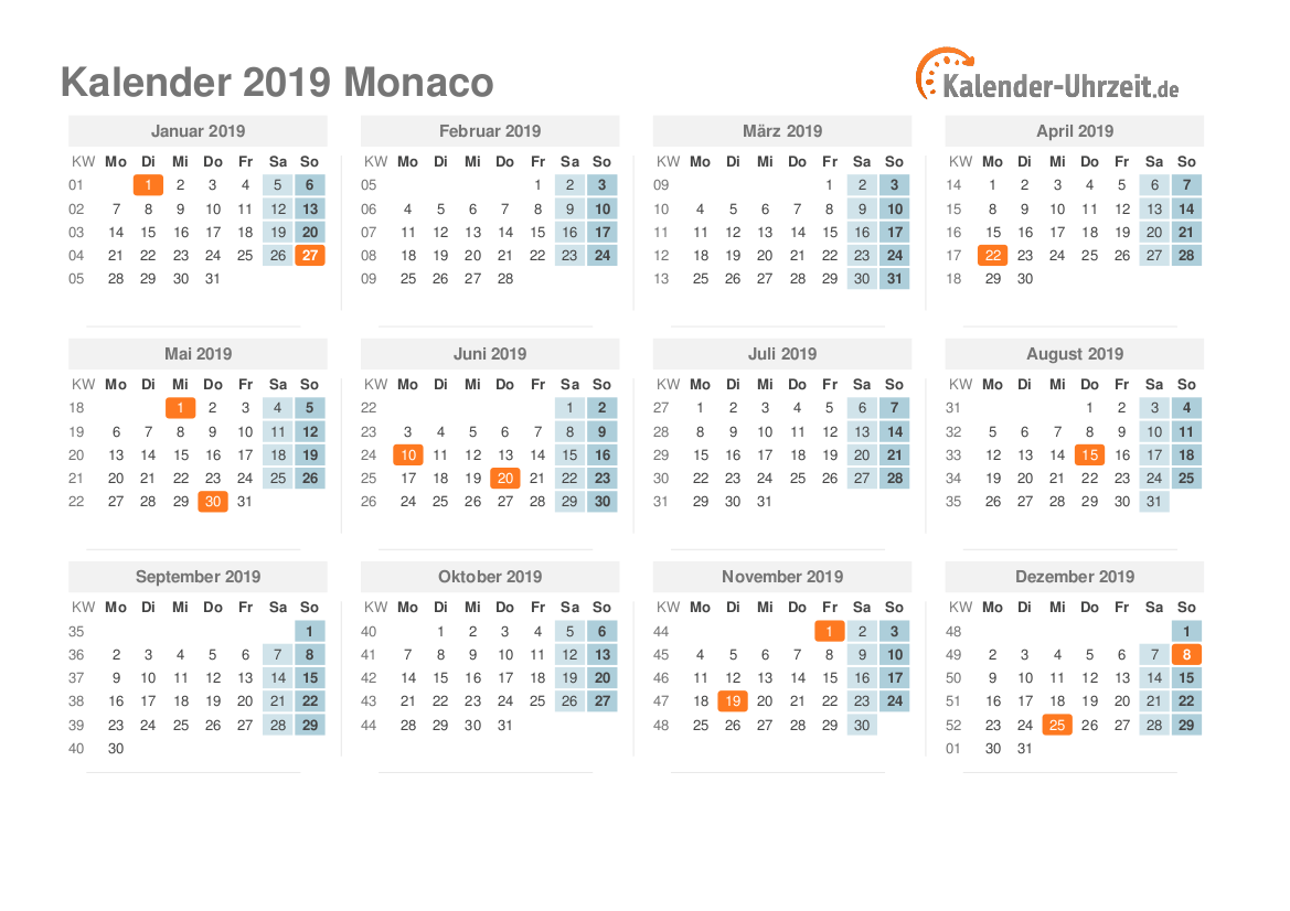 Kalender 2019 Monaco mit Feiertagen
