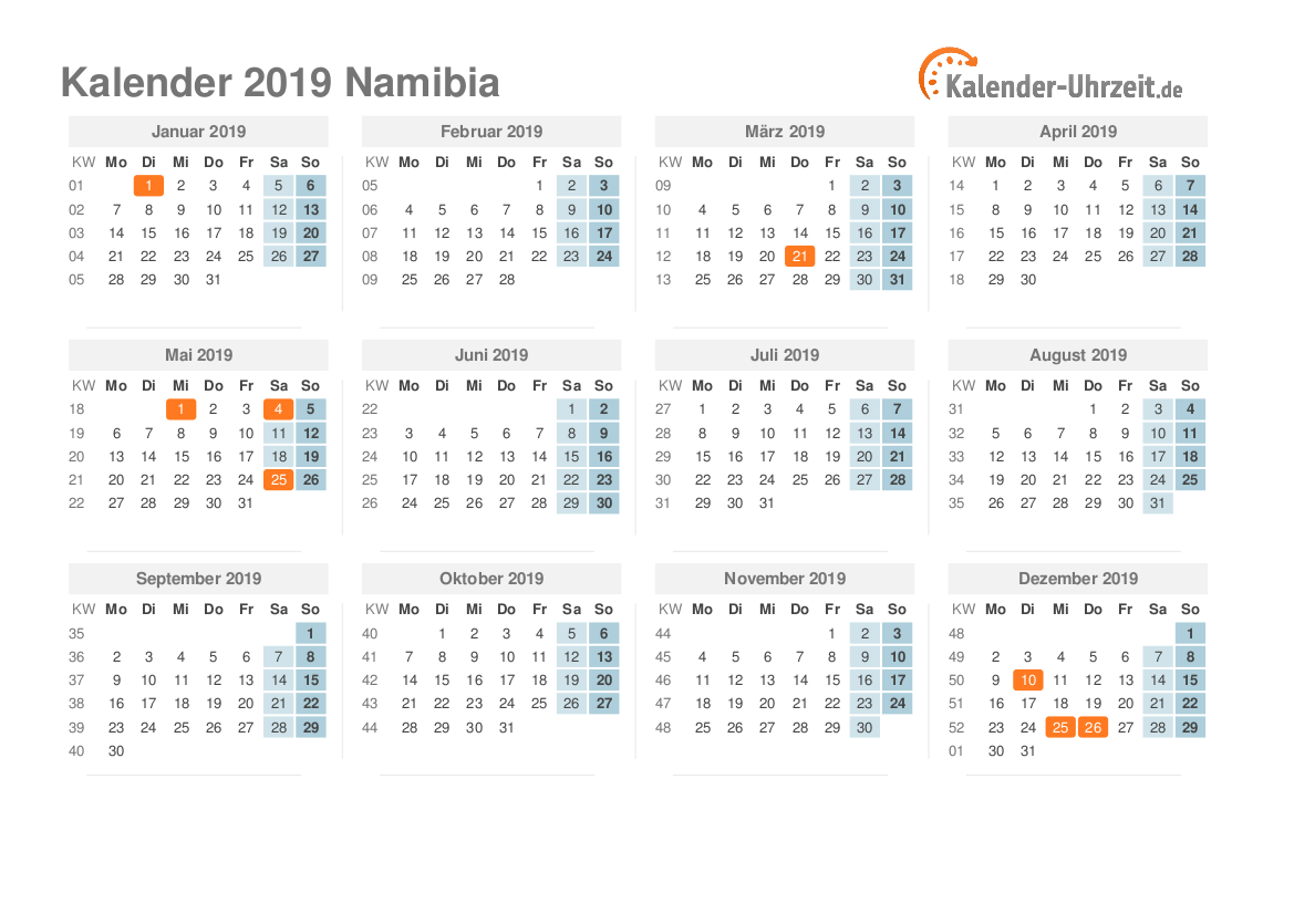 Kalender 2019 Namibia mit Feiertagen