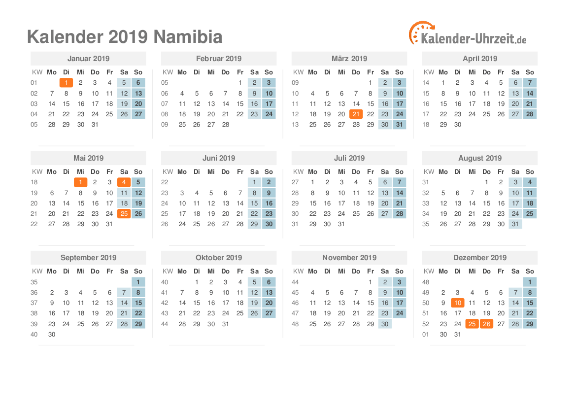 Kalender 2019 Namibia mit Feiertagen zum Ausdrucken Kalender 2019 Namibia mit Feiertagen
