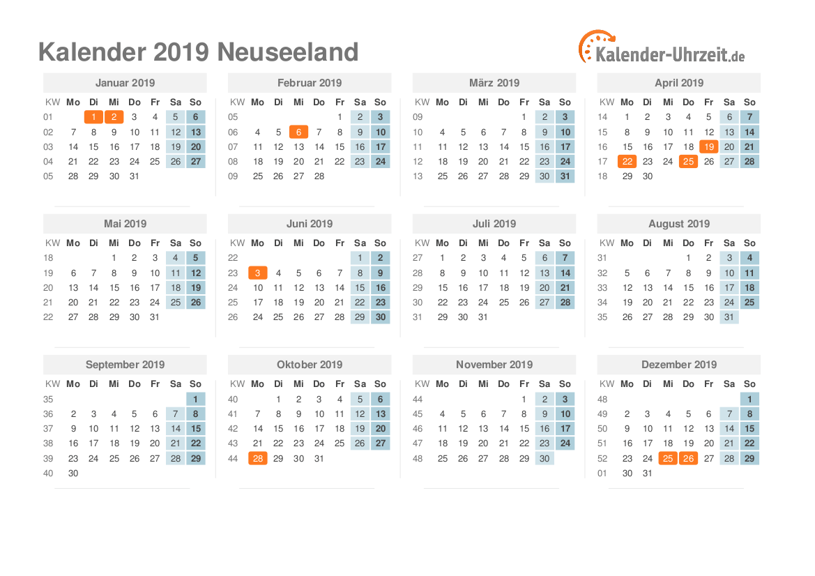 Kalender 2019 Neuseeland mit Feiertagen zum Ausdrucken Kalender 2019 Neuseeland mit Feiertagen