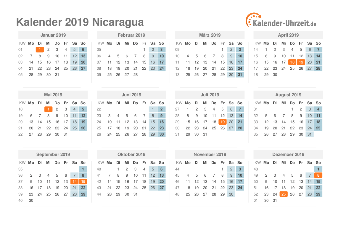 Kalender 2019 Nicaragua mit Feiertagen