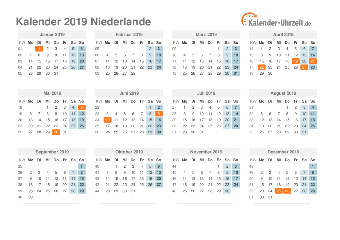 Kalender 2019 Niederlande mit Feiertagen zum Ausdrucken Kalender 2019 Niederlande mit Feiertagen