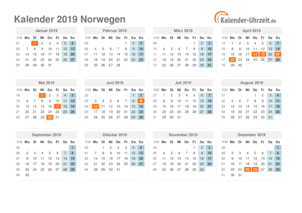 Kalender 2019 Norwegen mit Feiertagen