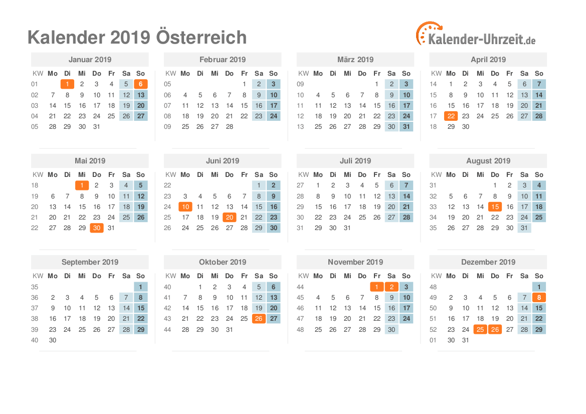 Kalender 2019 Österreich mit Feiertagen