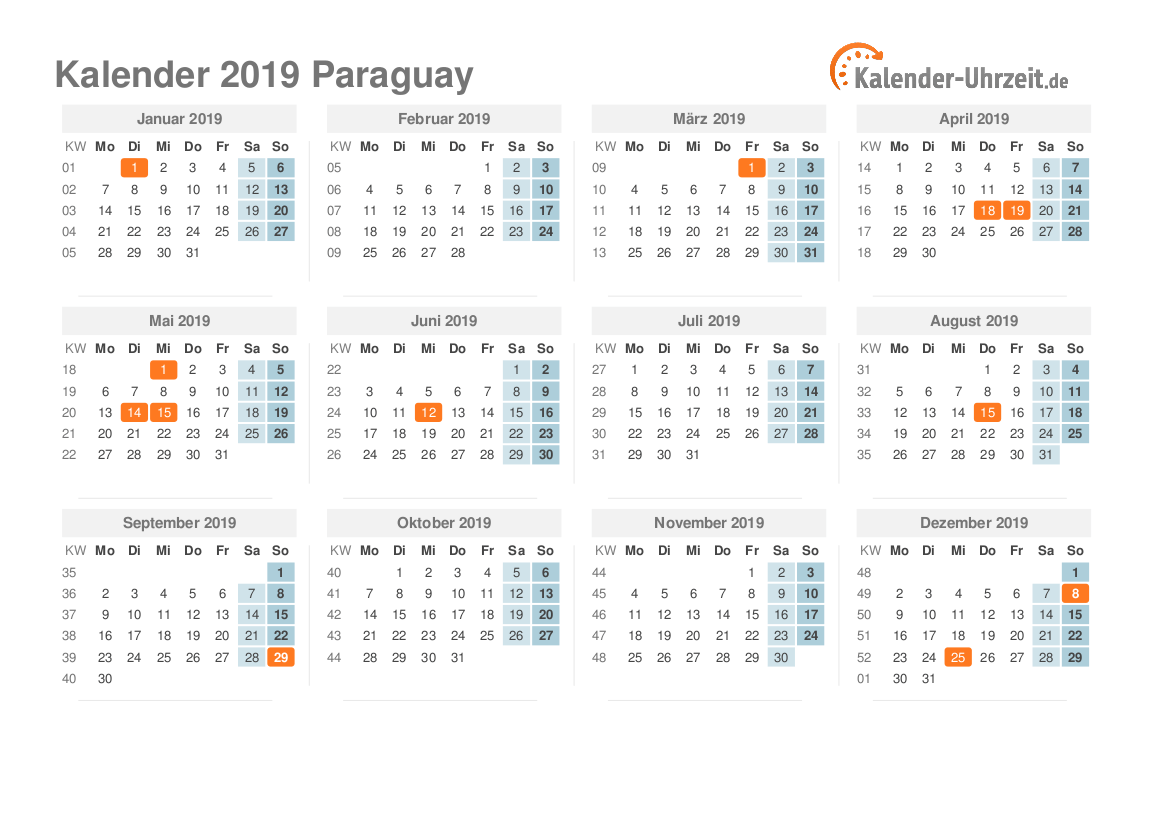 Kalender 2019 Paraguay mit Feiertagen zum Ausdrucken Kalender 2019 Paraguay mit Feiertagen