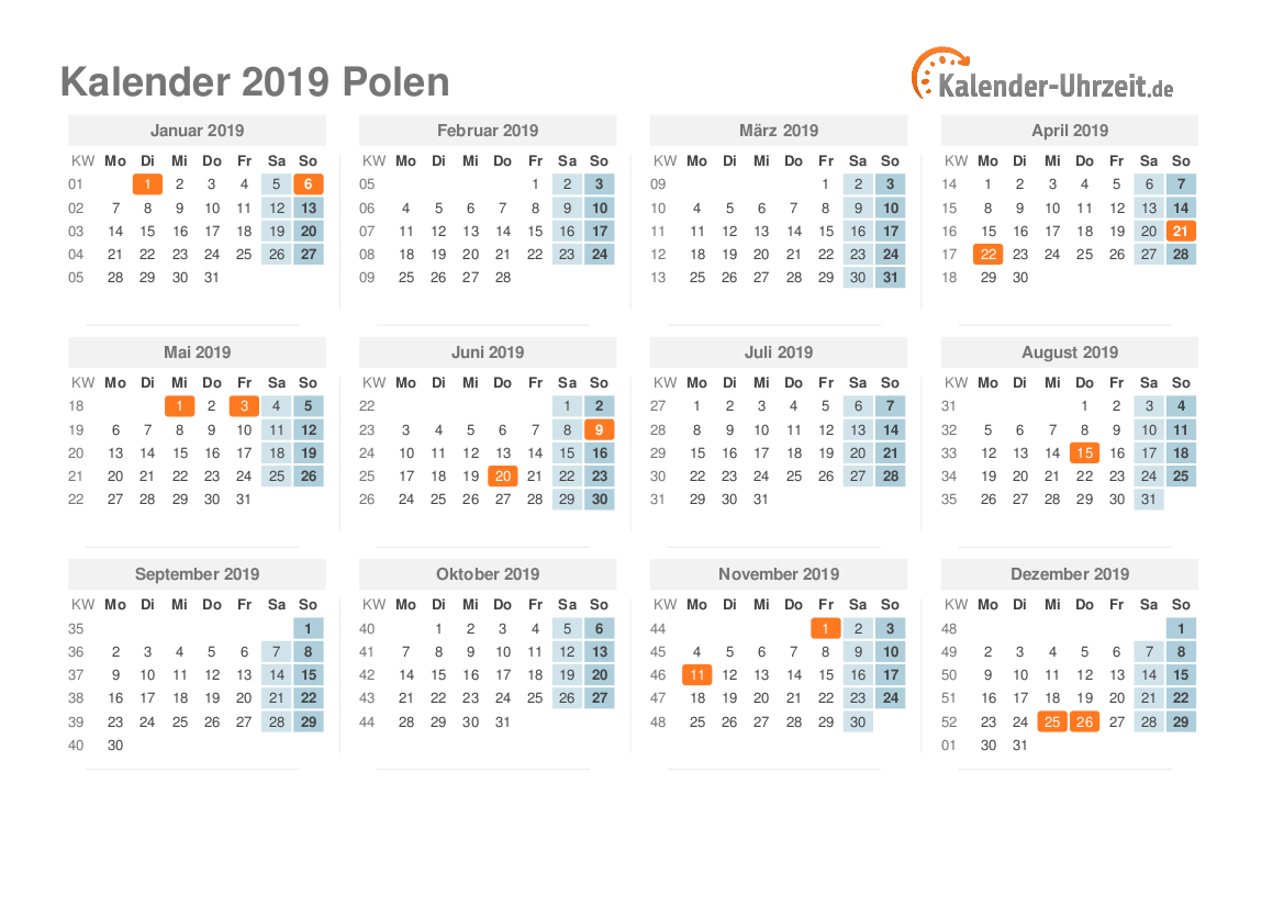 Kalender 2019 Polen mit Feiertagen