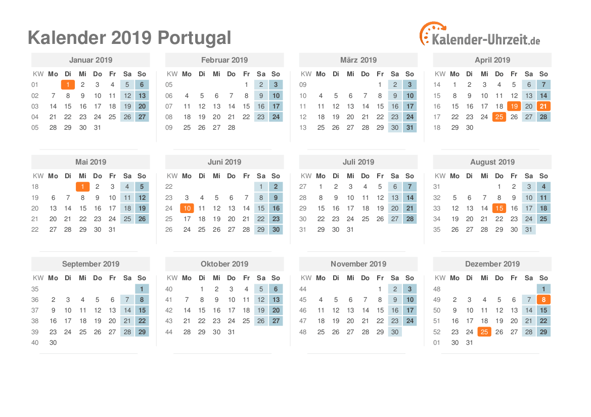 Kalender 2019 Portugal mit Feiertagen