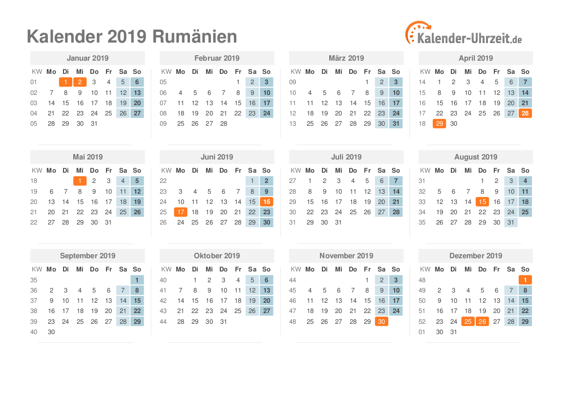Kalender 2019 Rumänien mit Feiertagen zum Ausdrucken Kalender 2019 Rumänien mit Feiertagen
