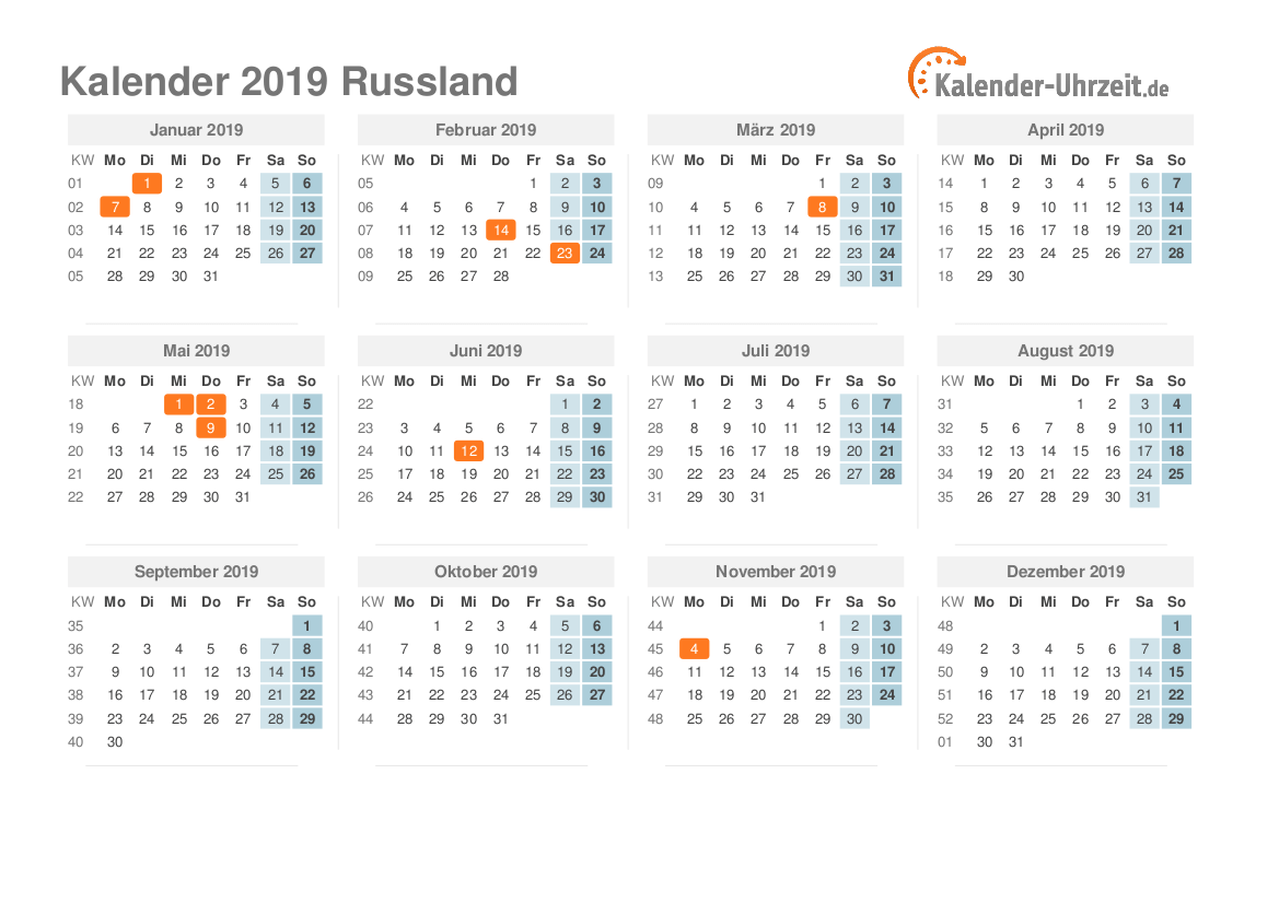 Kalender 2019 Russland mit Feiertagen
