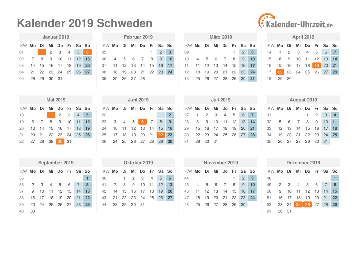 Kalender 2019 Schweden mit Feiertagen