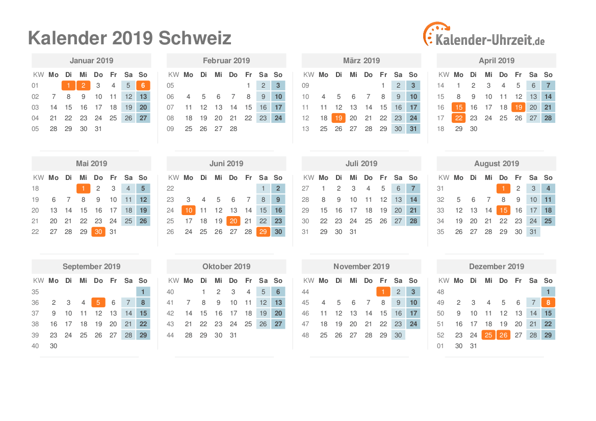 Kalender 2019 Schweiz mit Feiertagen