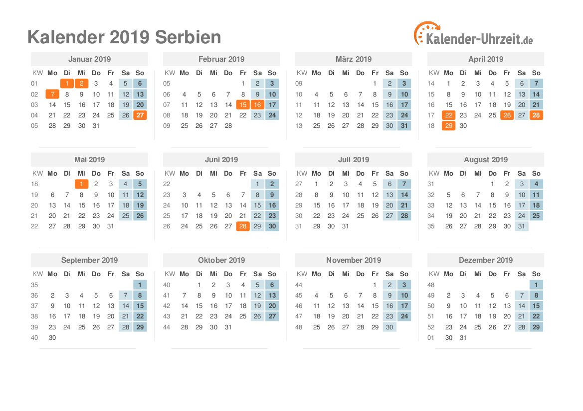Kalender 2019 Serbien mit Feiertagen