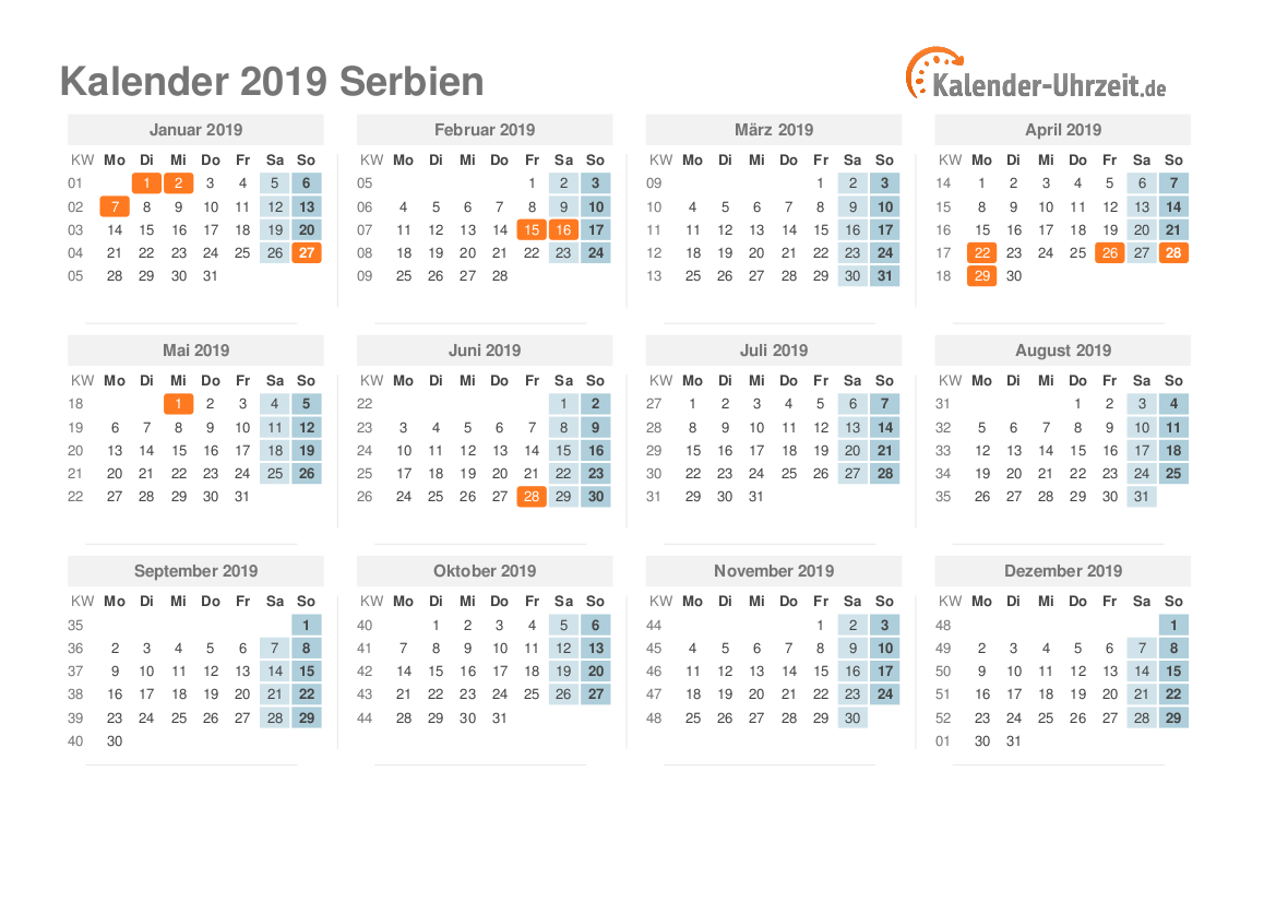 Kalender 2019 Serbien mit Feiertagen zum Ausdrucken Kalender 2019 Serbien mit Feiertagen
