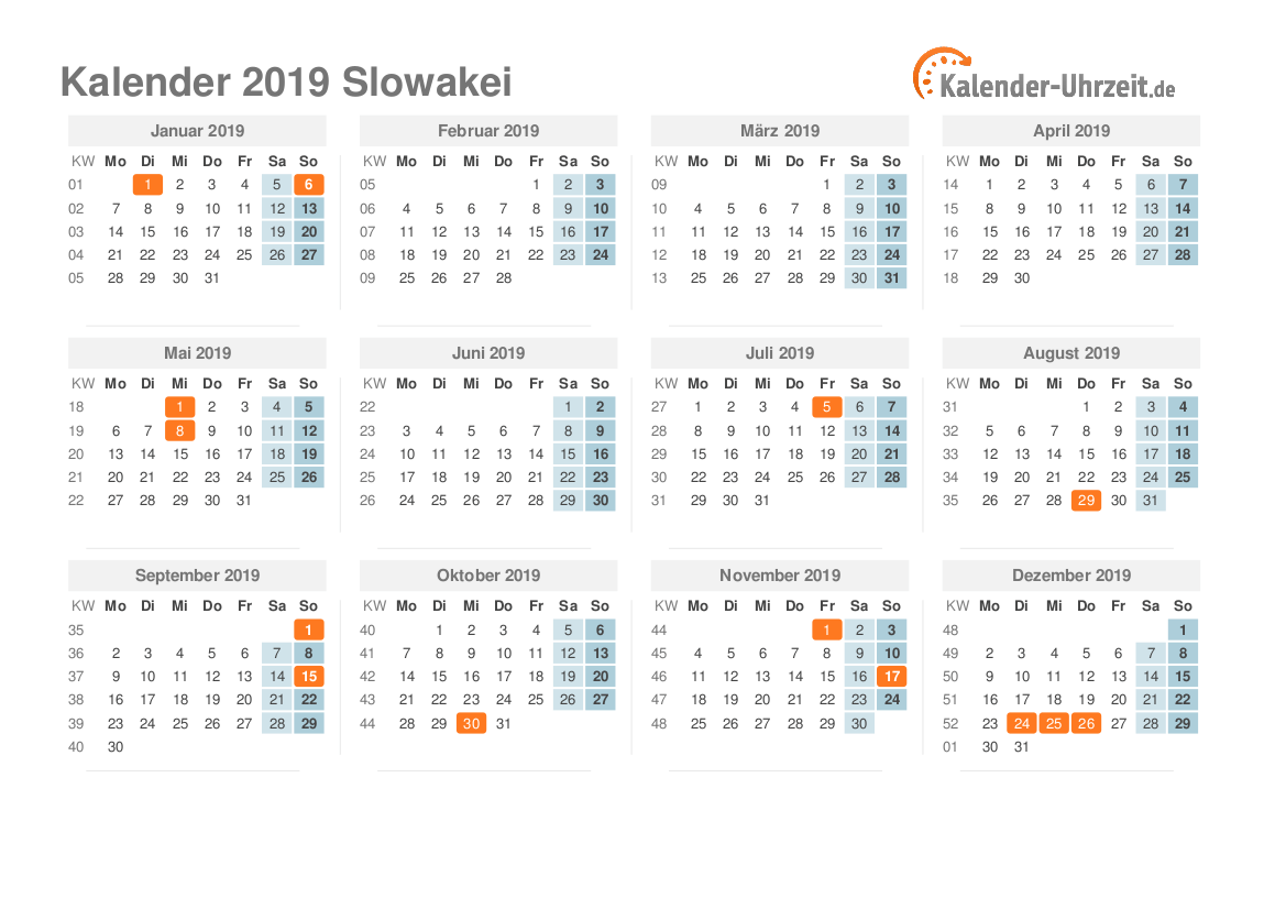 Kalender 2019 Slowakei mit Feiertagen