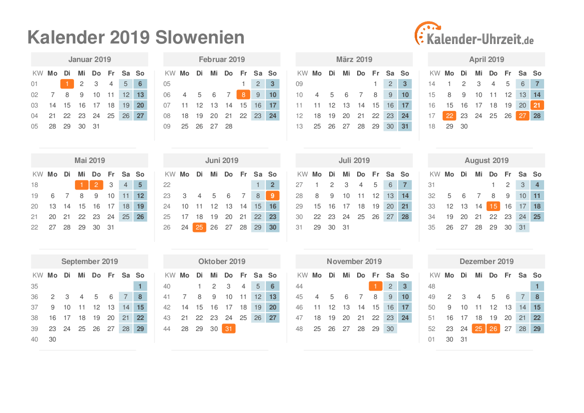 Kalender 2019 Slowenien mit Feiertagen