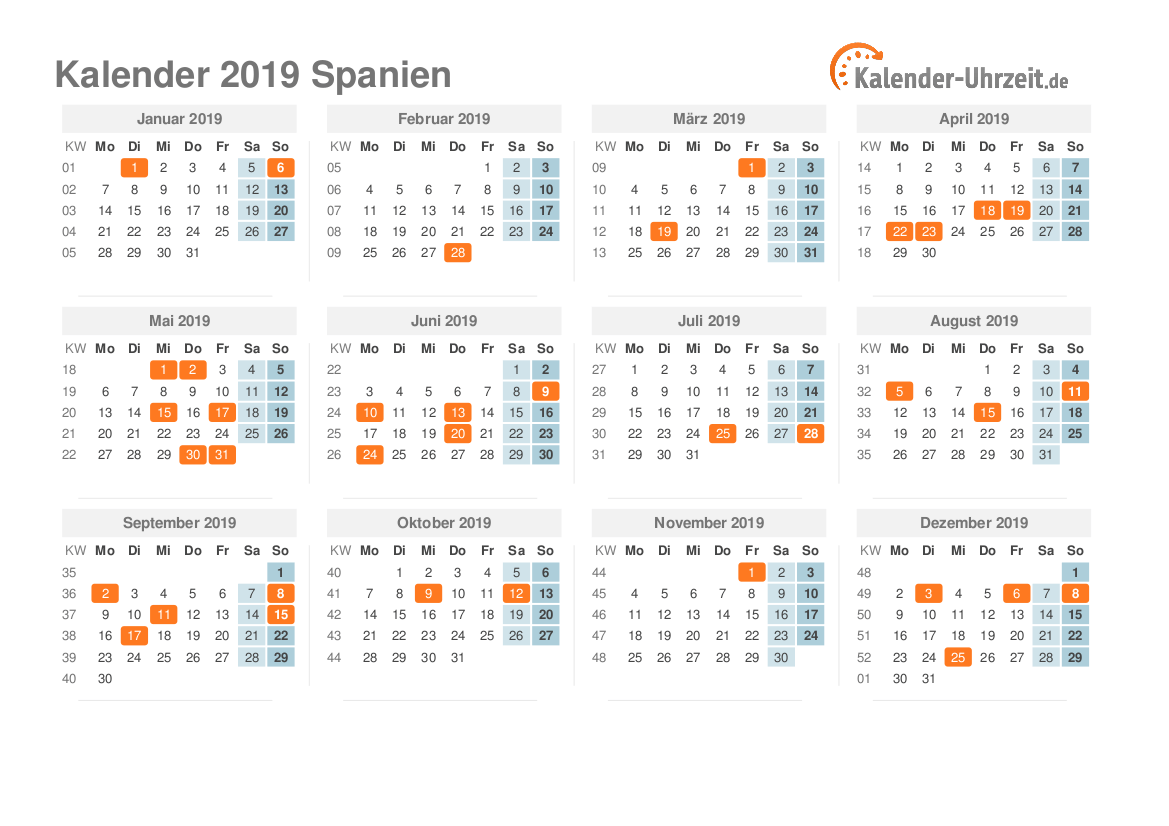 Kalender 2019 Spanien mit Feiertagen