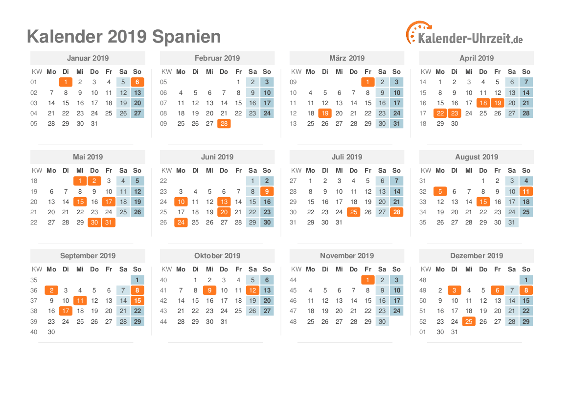 Kalender 2019 Spanien mit Feiertagen zum Ausdrucken Kalender 2019 Spanien mit Feiertagen