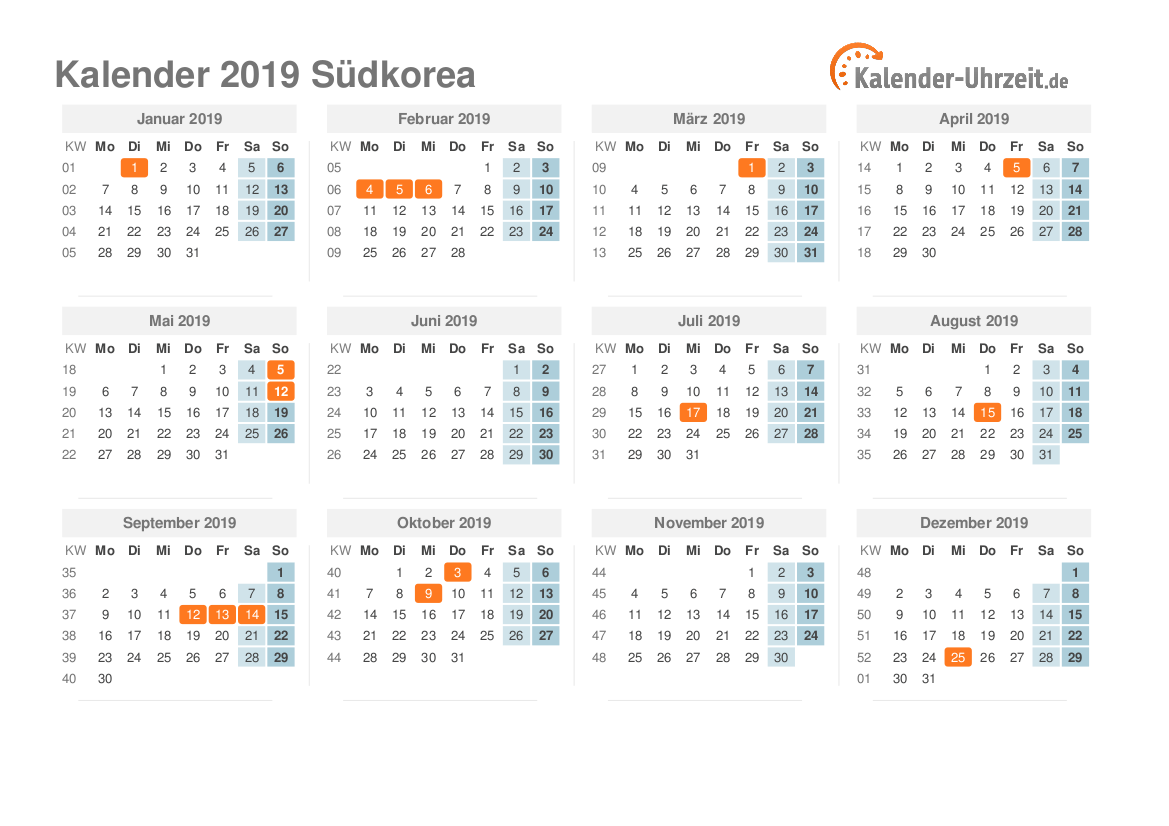 Kalender 2019 Südkorea mit Feiertagen zum Ausdrucken Kalender 2019 Südkorea mit Feiertagen