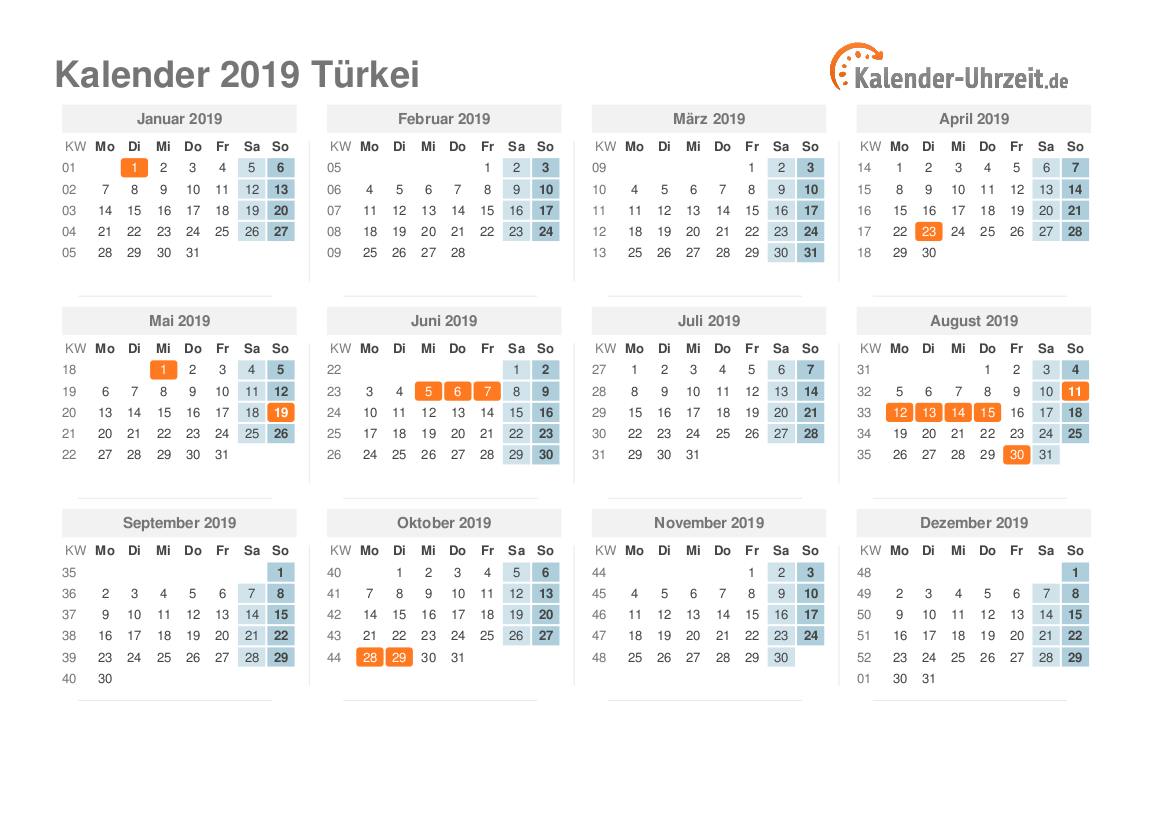 Kalender 2019 Türkei mit Feiertagen