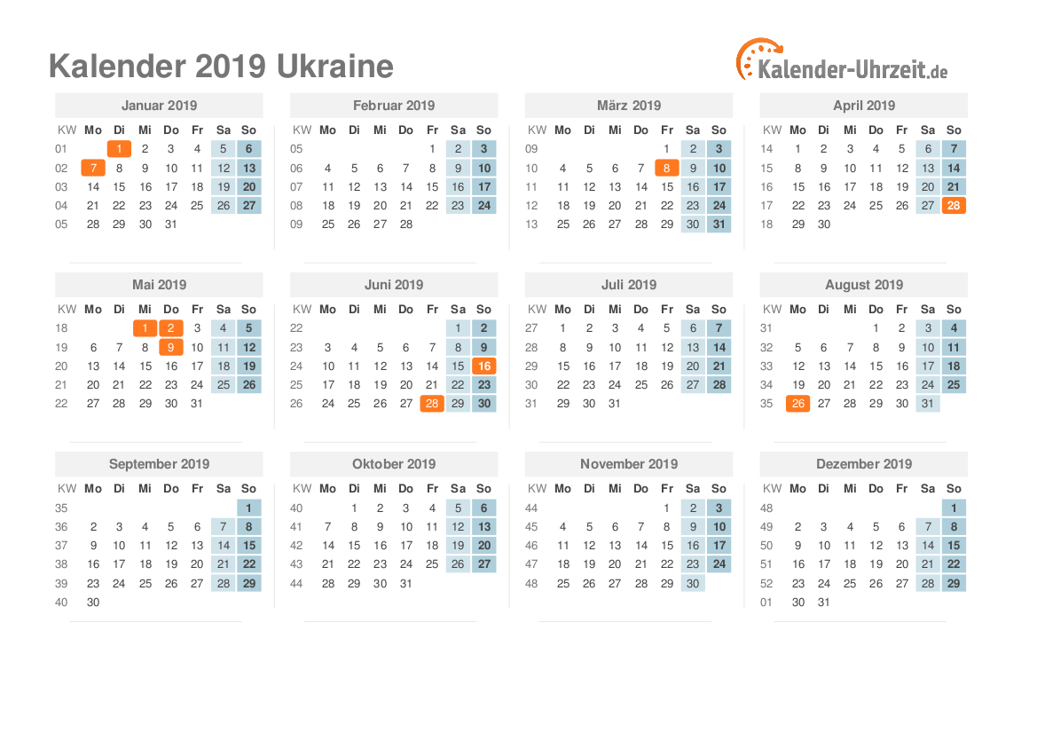 Kalender 2019 Ukraine mit Feiertagen
