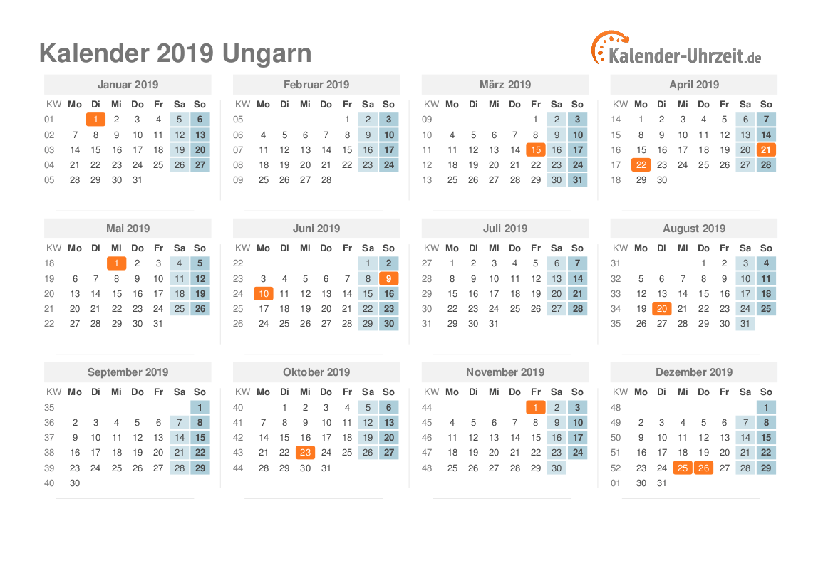 Kalender 2019 Ungarn mit Feiertagen