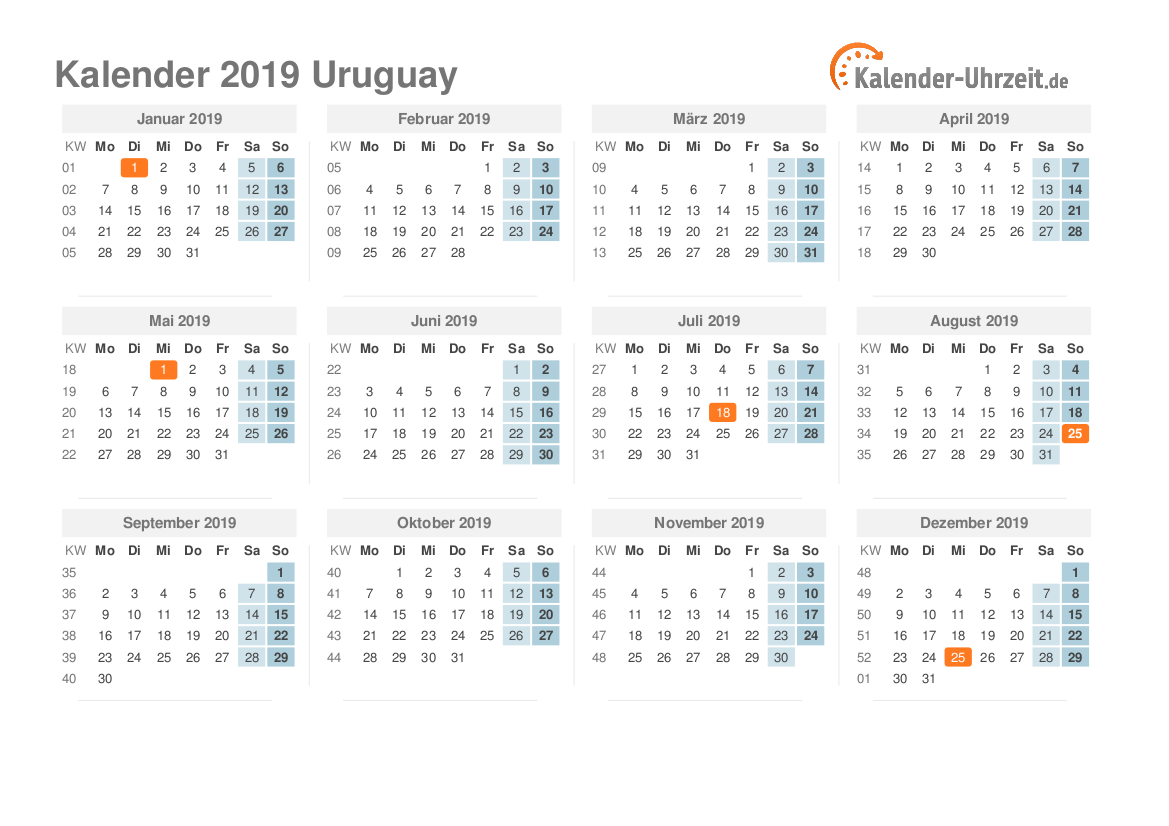 Kalender 2019 Uruguay mit Feiertagen zum Ausdrucken Kalender 2019 Uruguay mit Feiertagen