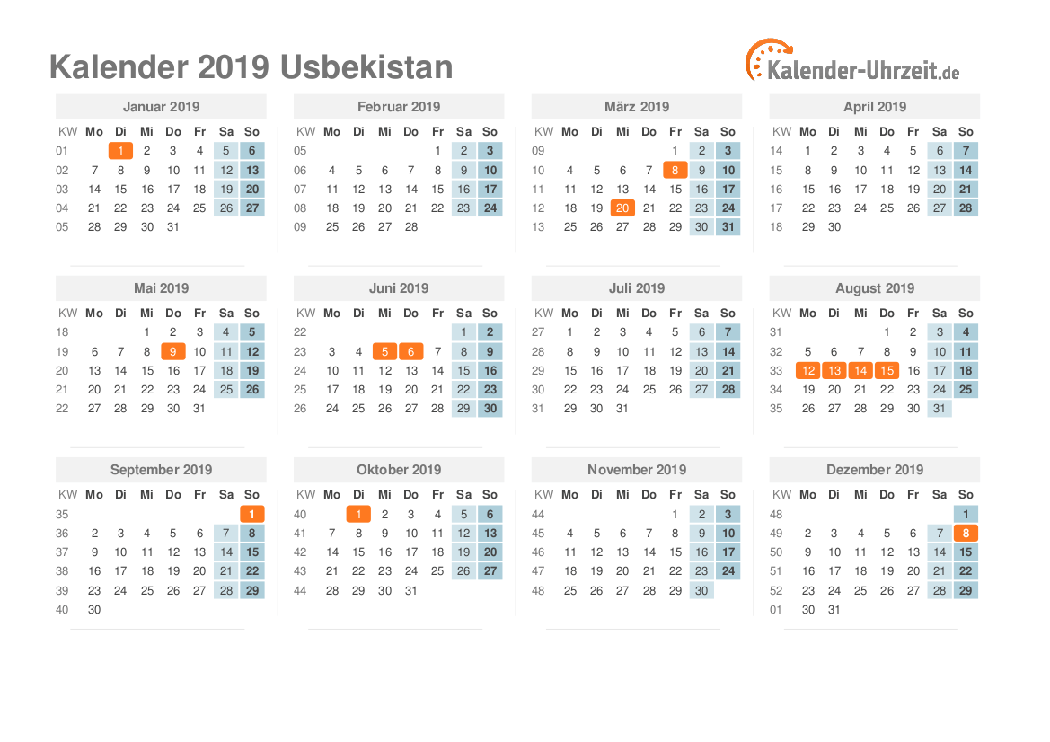 Kalender 2019 Usbekistan mit Feiertagen zum Ausdrucken Kalender 2019 Usbekistan mit Feiertagen