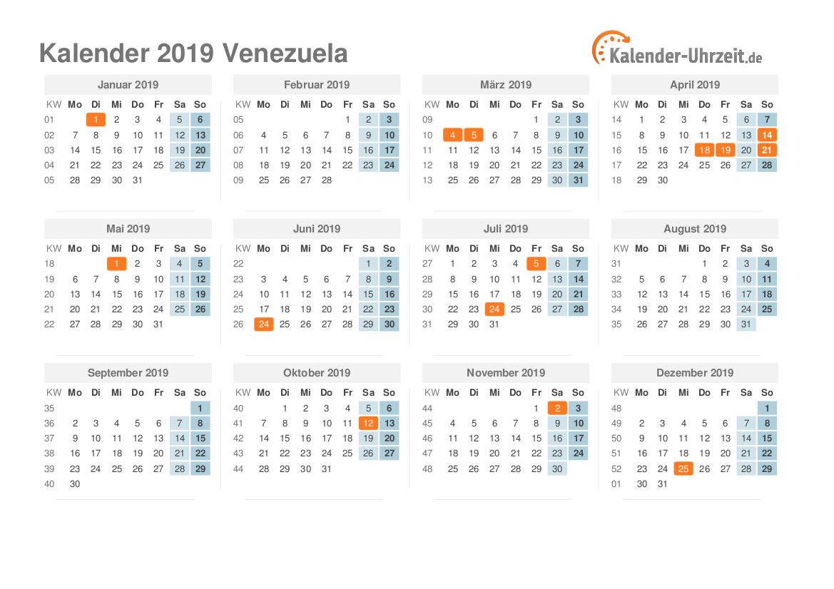 Kalender 2019 Venezuela mit Feiertagen zum Ausdrucken Kalender 2019 Venezuela mit Feiertagen