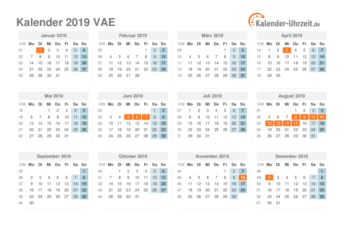Kalender 2019 VAE mit Feiertagen zum Ausdrucken Kalender 2019 VAE mit Feiertagen