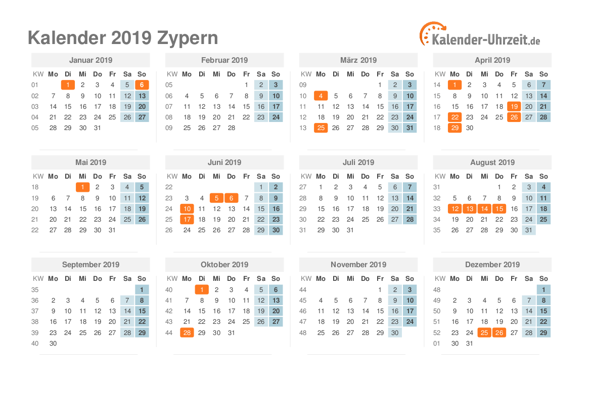 Kalender 2019 Zypern mit Feiertagen