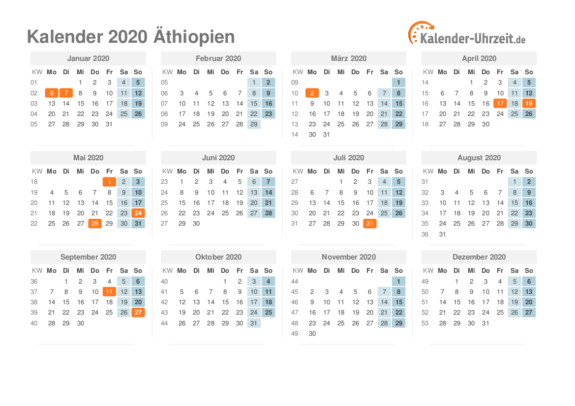 Kalender 2020 Äthiopien mit Feiertagen