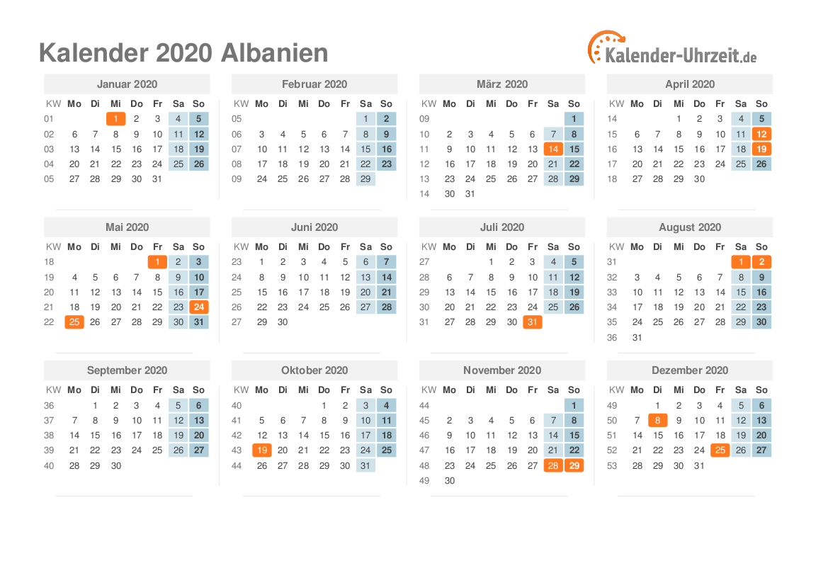 Kalender 2020 Albanien mit Feiertagen