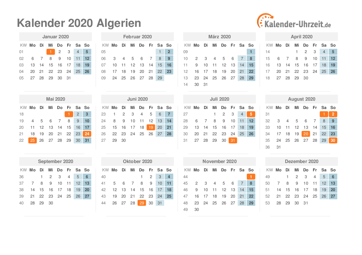 Kalender 2020 Algerien mit Feiertagen zum Ausdrucken Kalender 2020 Algerien mit Feiertagen