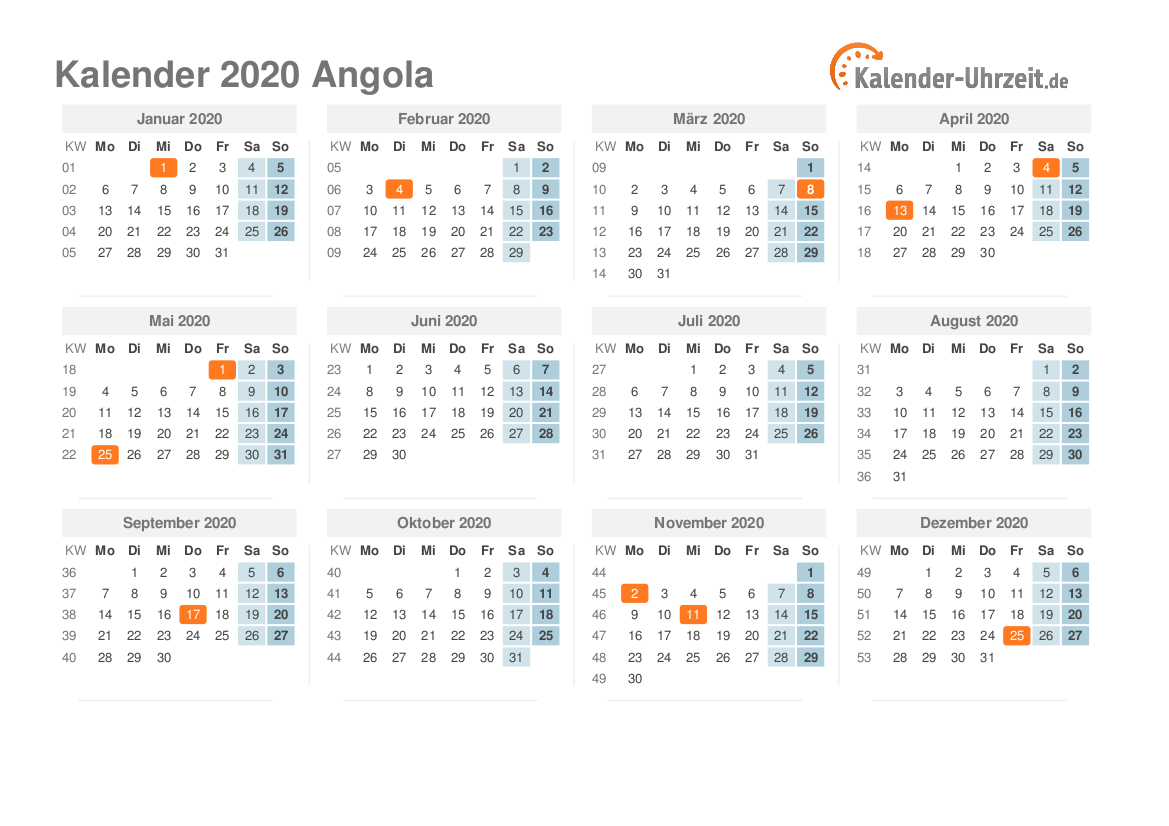 Kalender 2020 Angola mit Feiertagen