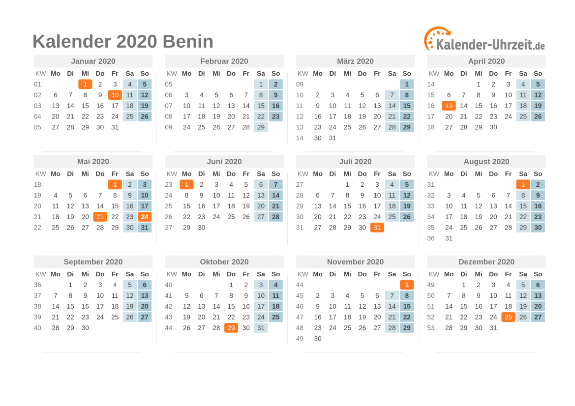 Kalender 2020 Benin mit Feiertagen