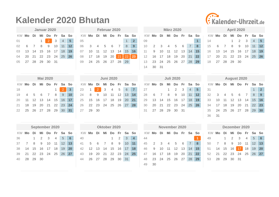 Kalender 2020 Bhutan mit Feiertagen zum Ausdrucken Kalender 2020 Bhutan mit Feiertagen