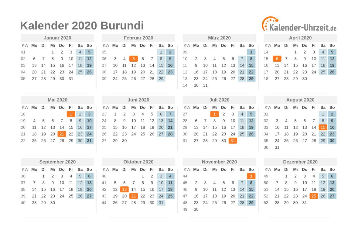 Kalender 2020 Burundi mit Feiertagen