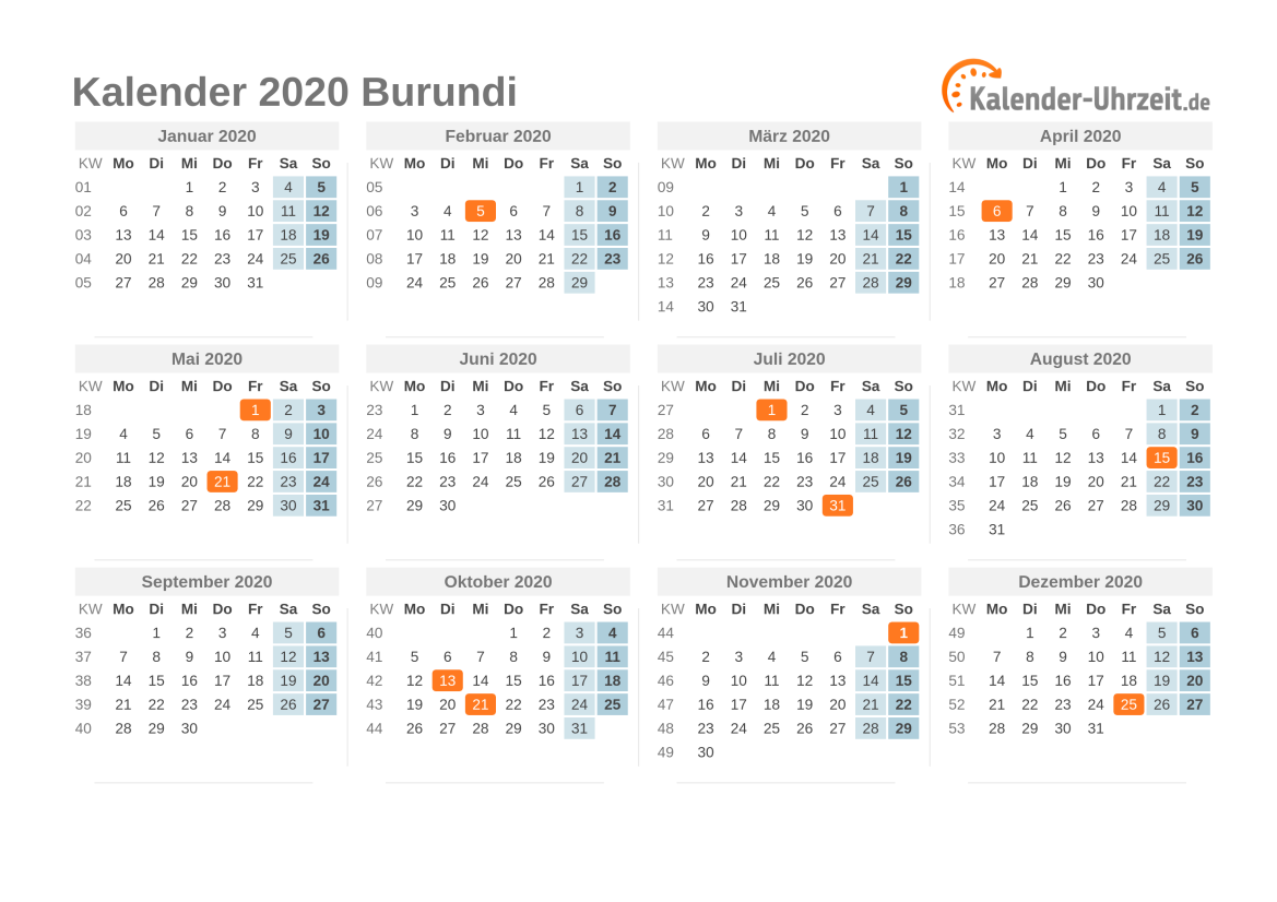 Kalender 2020 Burundi mit Feiertagen zum Ausdrucken Kalender 2020 Burundi mit Feiertagen