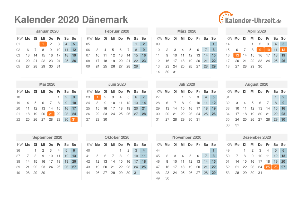 Kalender 2020 Dänemark mit Feiertagen zum Ausdrucken Kalender 2020 Dänemark mit Feiertagen
