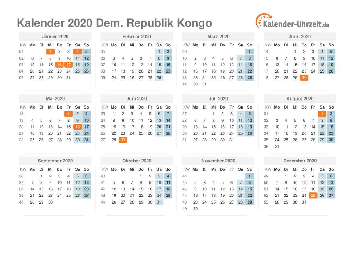 Kalender 2020 Dem. Republik Kongo mit Feiertagen