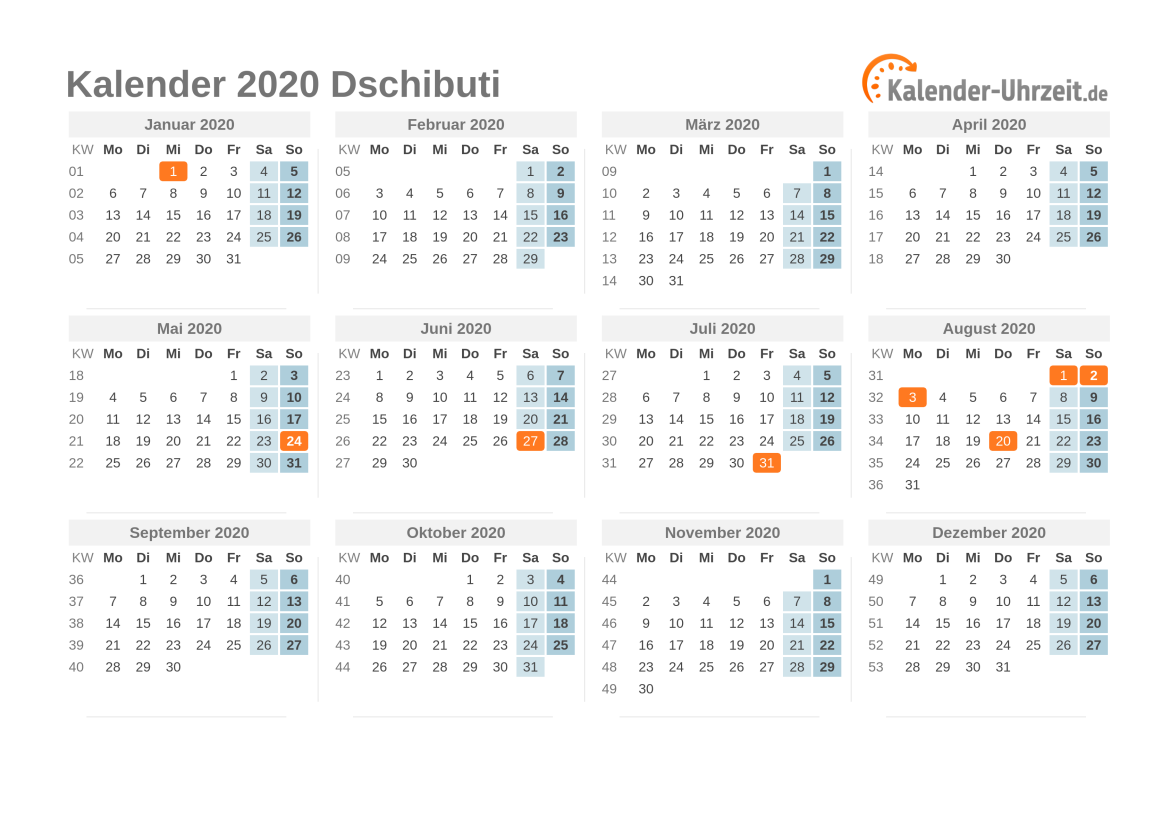 Kalender 2020 Dschibuti mit Feiertagen
